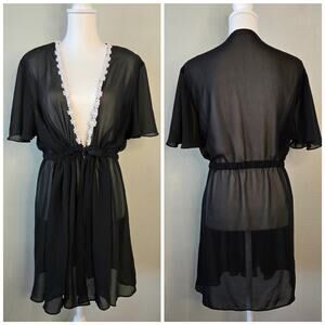 Romantic Floral Embroidered Sheer Kimono Robe Lingerie Coverup Black White L